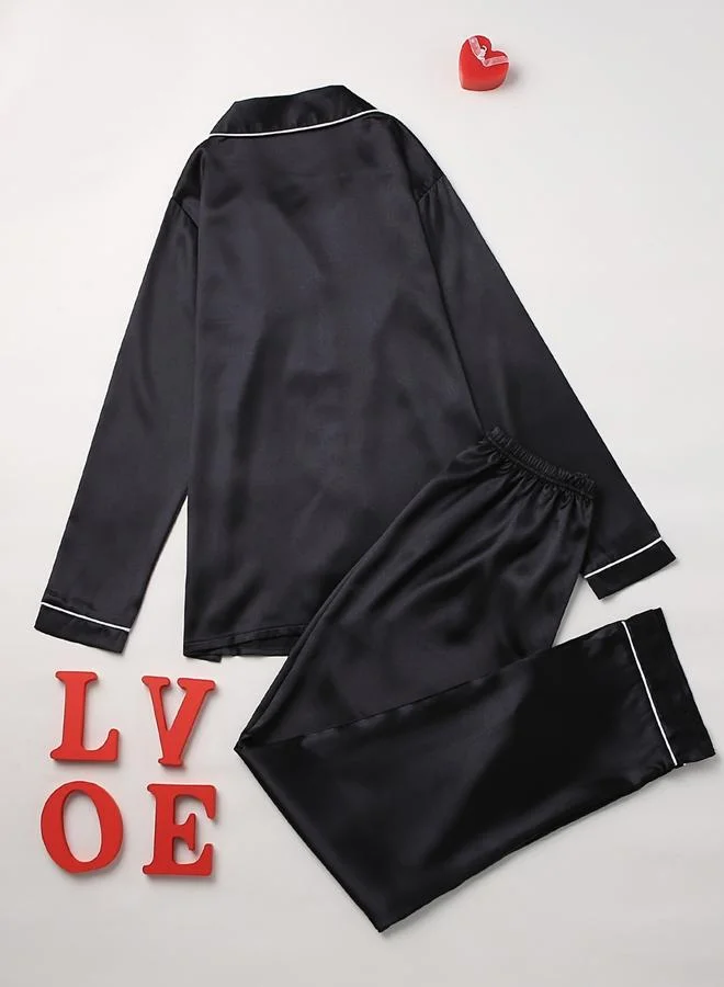 تايك تو طقم بلوزة بأكمام طويلة وبنطال بيجاما للنساء باللون الأسود